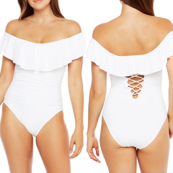 LA BLANCA Island Goddess Ruffled Tummy Control One Piece Swimsuit Size 8 - Picture 3 of 11